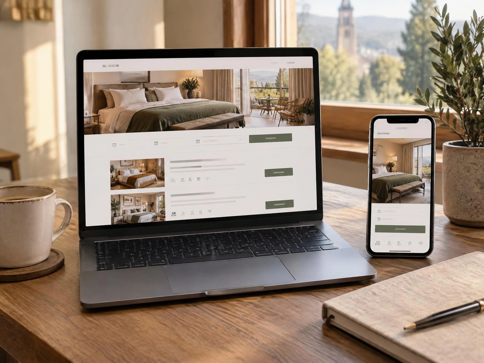 Laptop i telefon prikazuju hotelski sajt sa izborom soba i direktnom rezervacijom