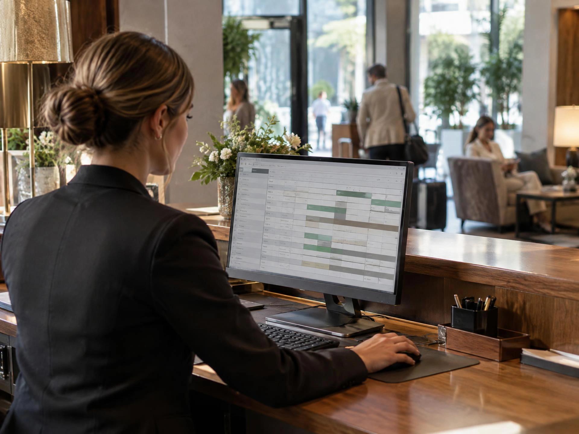 Recepcionerka upravlja rezervacijama i statusom soba na hotelskom računaru