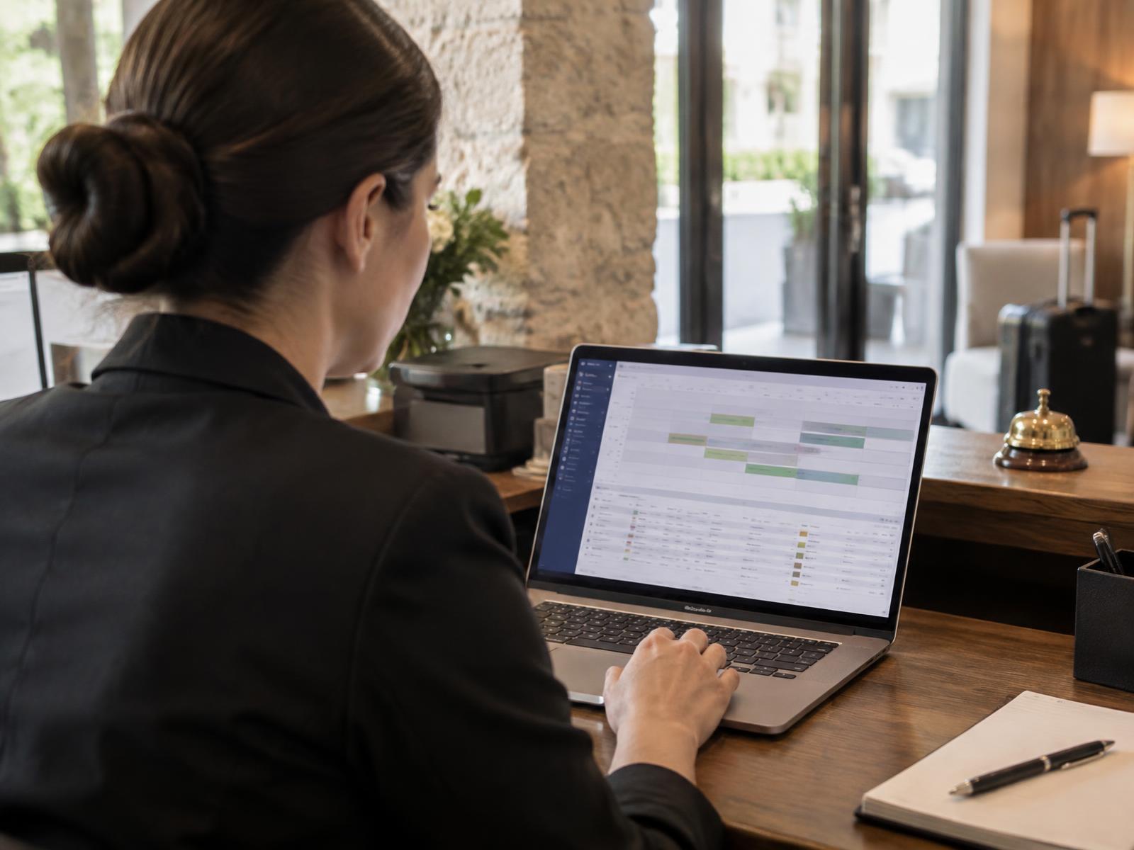 Hotelska stručnjakinja upravlja online prodajom i kalendarom dostupnosti na laptopu